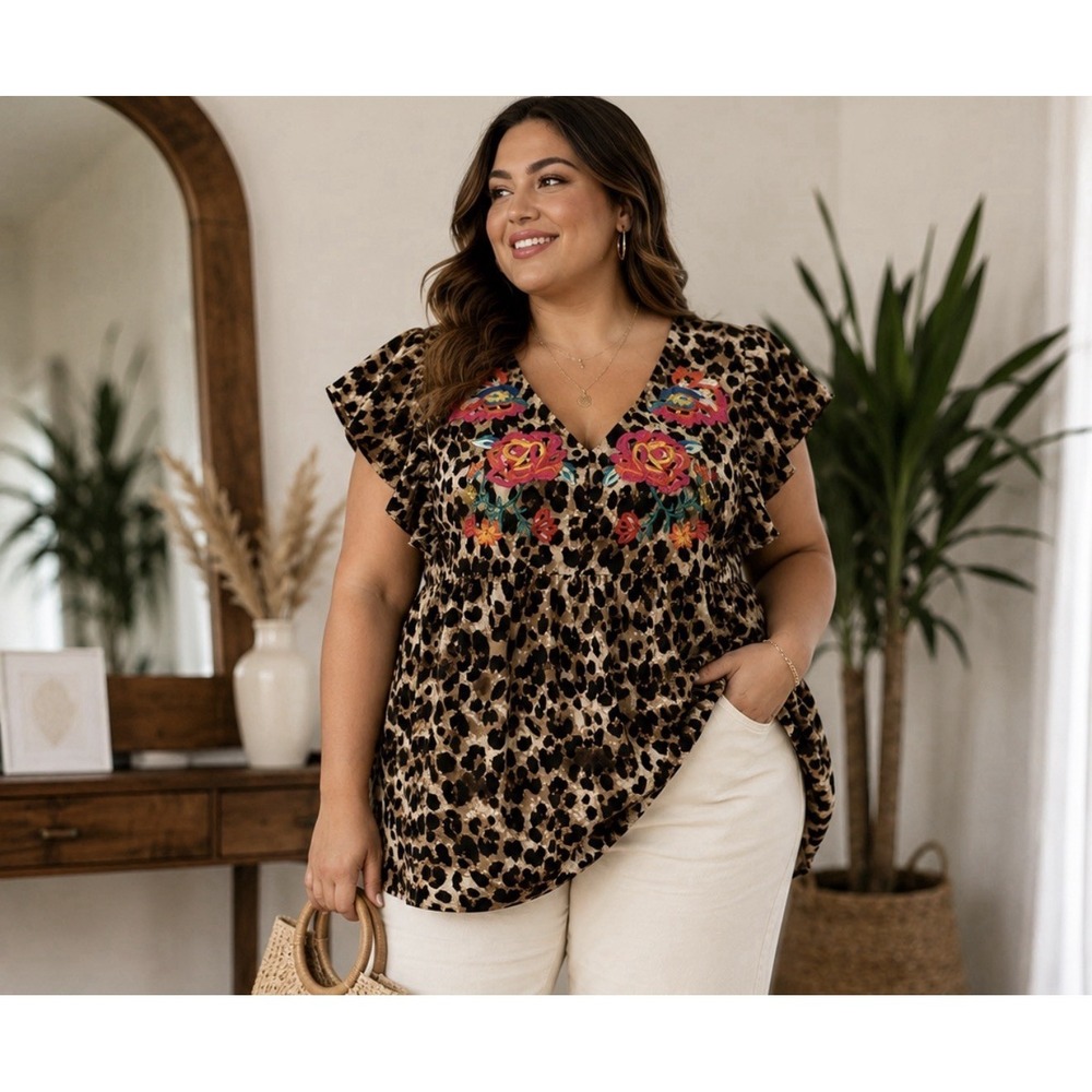 Oddi Embroidered Floral Blouse Women Sz 1XL Animal Print Ruffle Sleeve Appliqué